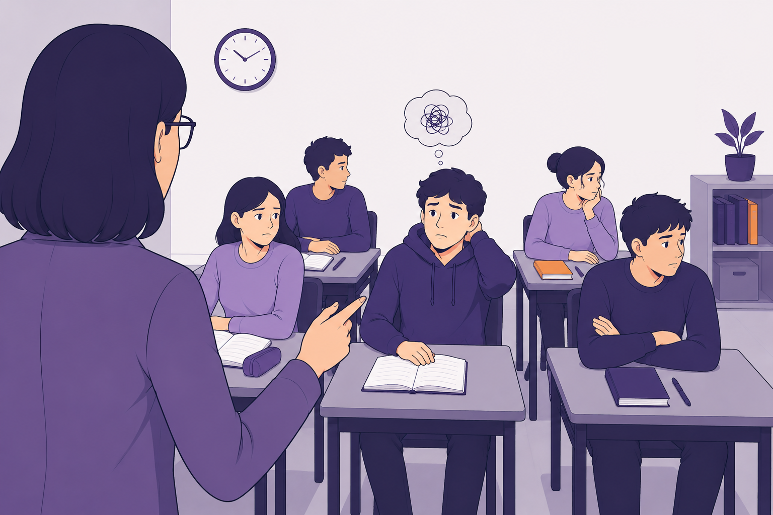 Teacher looking at class, students thinking